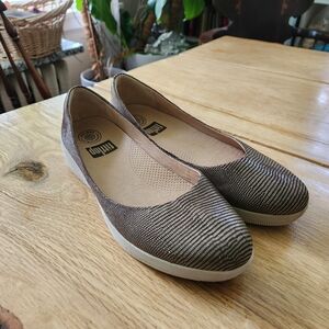 Fitflops Womens Sz 7 Suede Super Ballerina Brown‎ Metallic Foil Snake Print